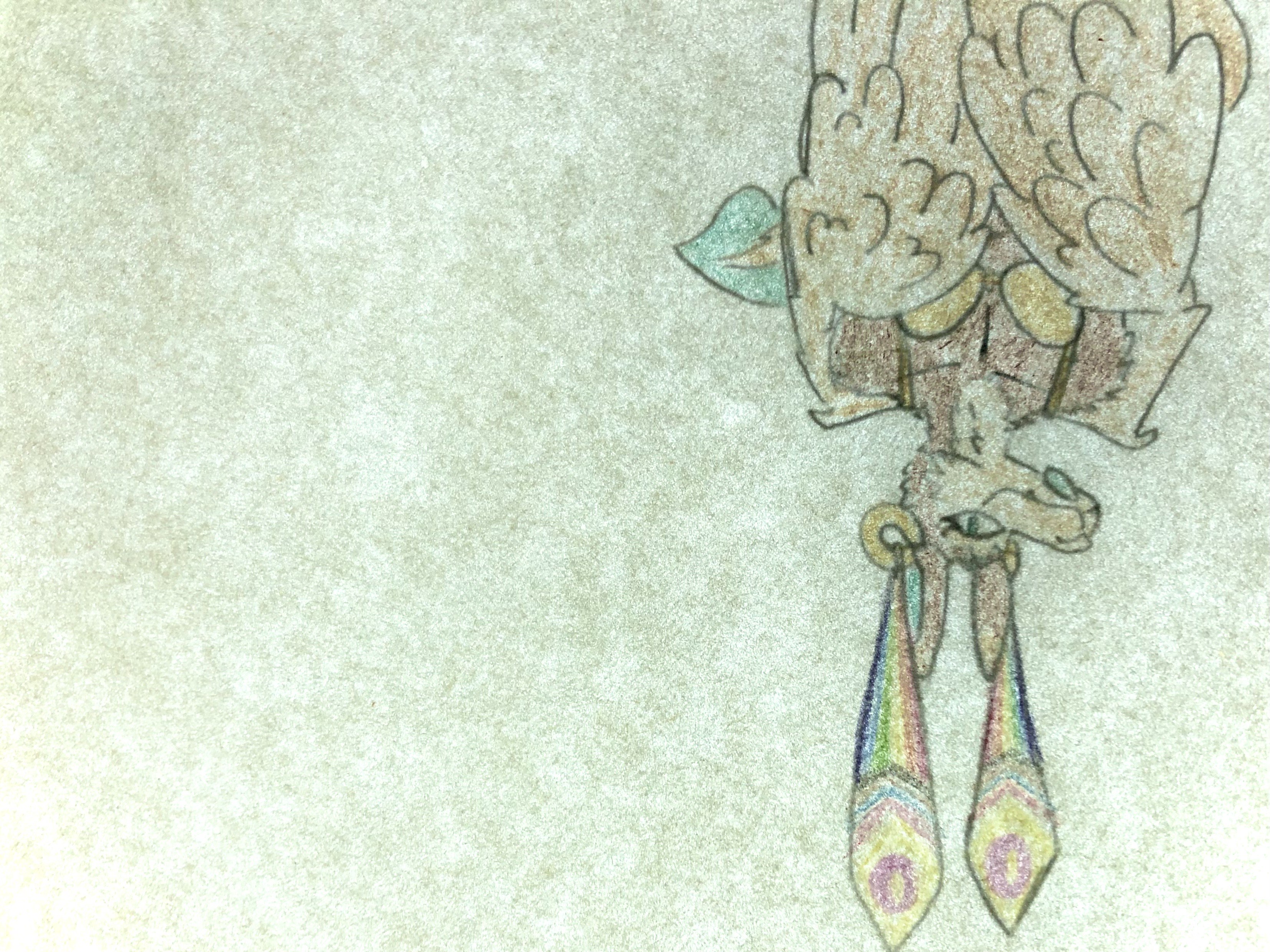 A shoddy colored-pencil drawing of a fluffy anthropomorphic dragon hanging upside-down like a bat, gazing playfully at the viewer.
They are wearing big ear hoops with ribbons hung frxom them, printed with an Intersex-Inclusive Progress Pride Flag design.
They have brown fur; cream-colored feathers on their face, tail, and wings; and cyan fins on their chin and tail.